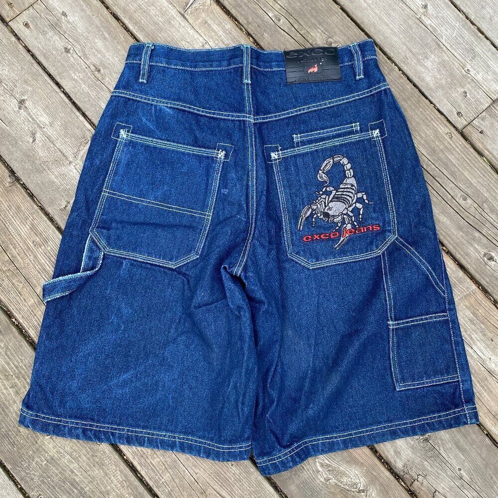 Vintage 90s Y2K EXCO Embroidered Jean Shorts Scorpion Size 30 Blue